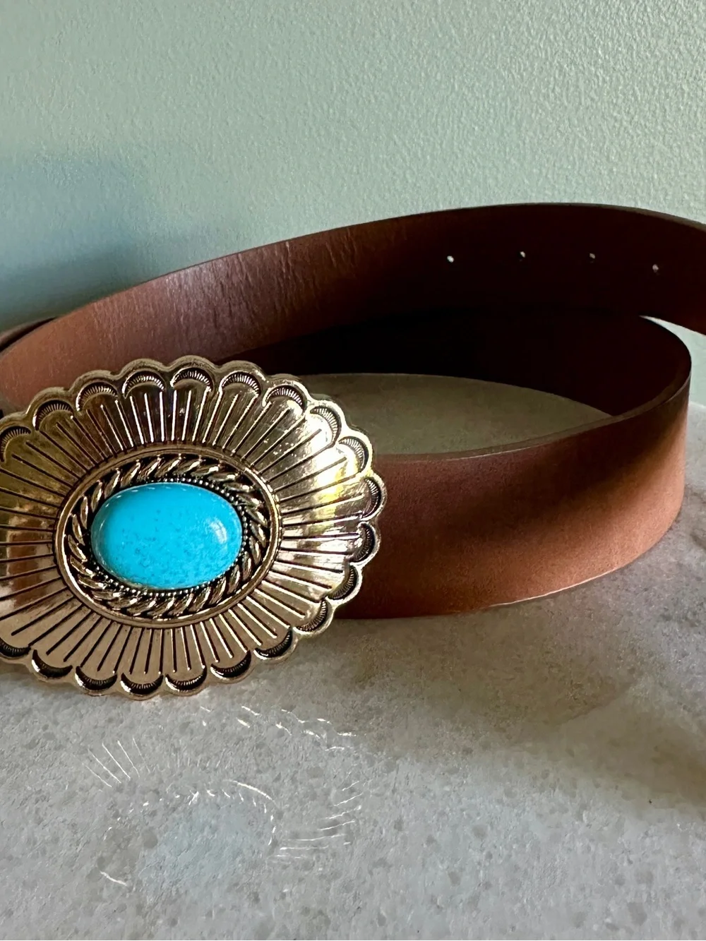 Western Turquoise Oval Concho Belt Buckle - Turquoise & Gold 34-40”